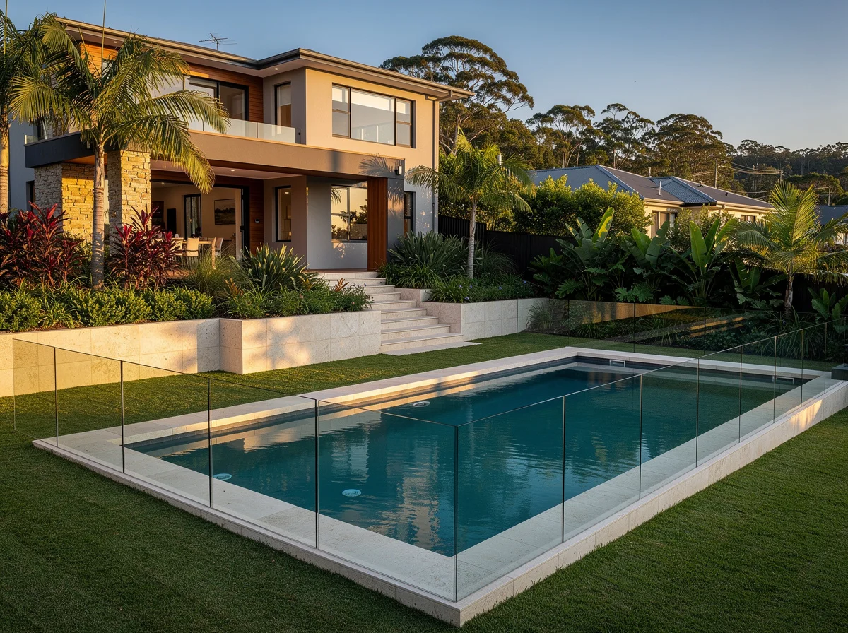 The same Buderim backyard with a finished family pool on a levelled, retained terrace