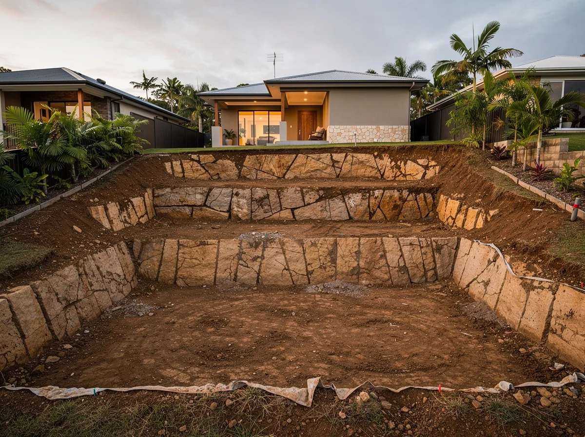 Excavated and benched sloping Buderim backyard before the pool shell is formed