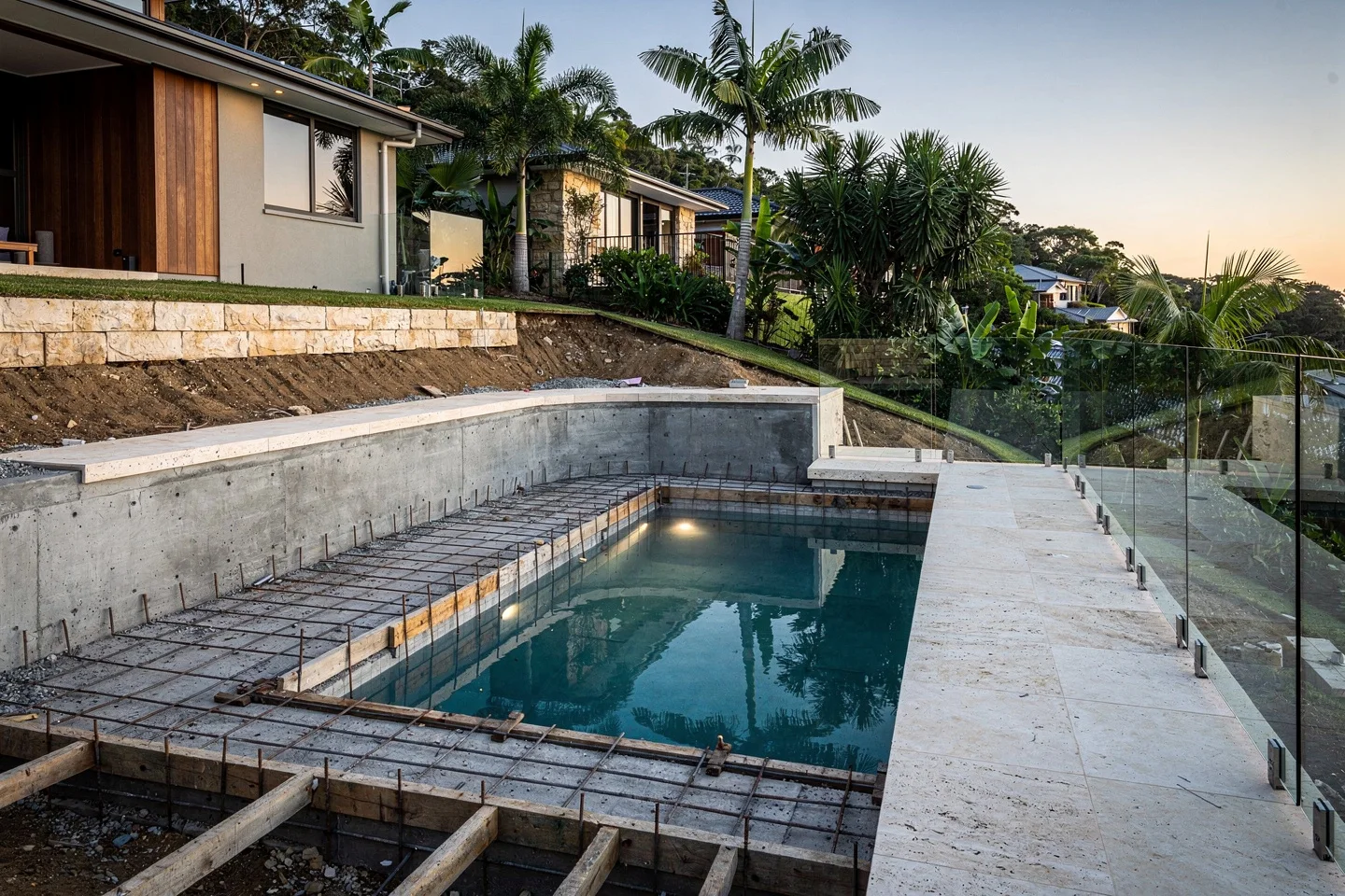 Steel and formwork in place for the engineered concrete pool shell at Buderim