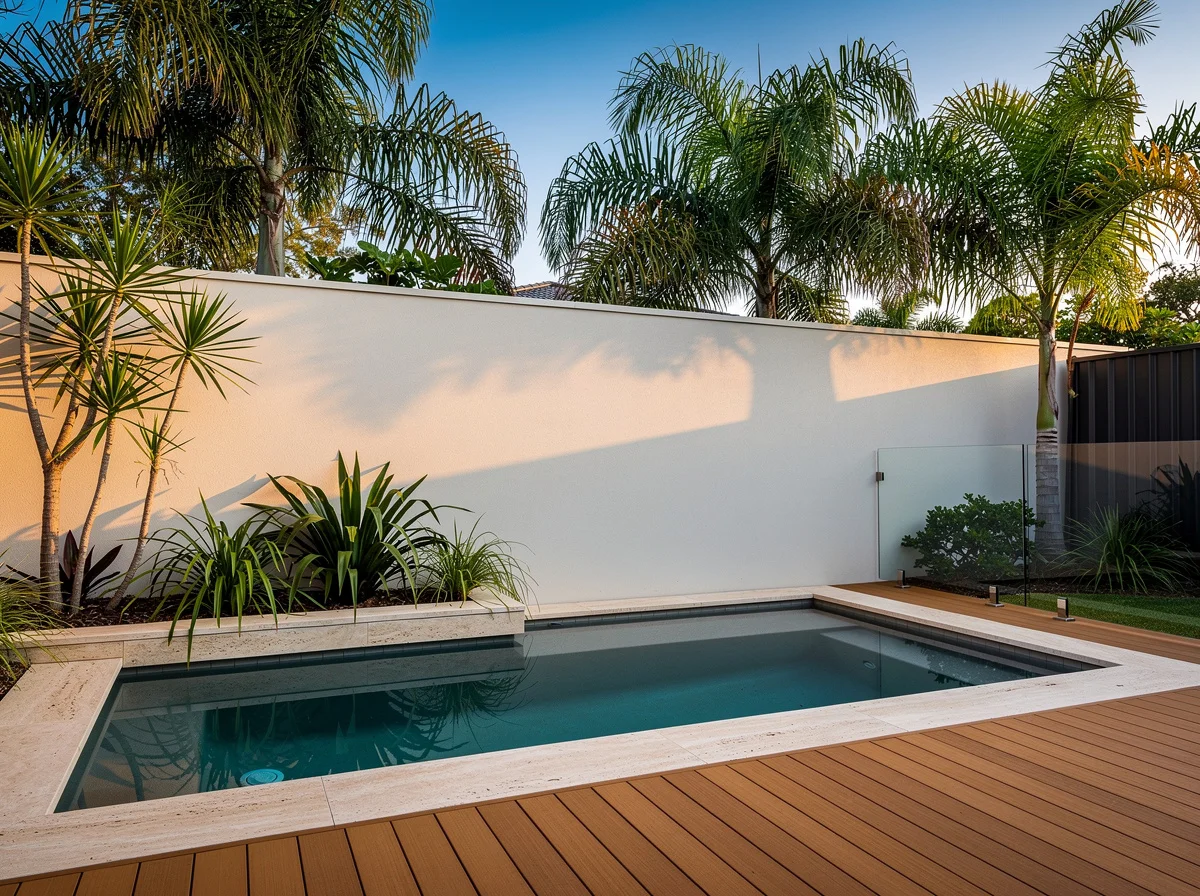 Finished concrete plunge pool in a compact Noosa courtyard with timber surround
